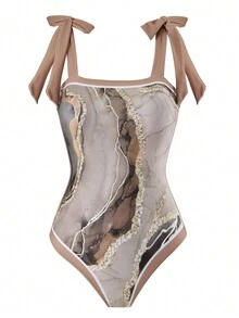 New Women's Conservative One-Piece Swimsuit With Sun Protection And A Set Of Long Sheer Skirt, Great For Beach, Vacation, And Hot Springs Summer - Mocha Brown - View 3