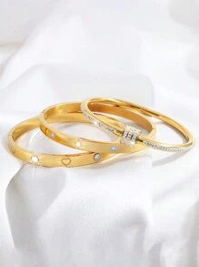 3入組精美時尚中性不鏽鋼旋轉+單排鑽石+壓花星星手環組合，適合情侶參加宴會活動佩戴 - 金色 - 查看 5