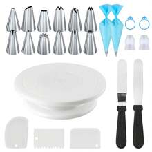 24pcs Stainless Steel Piping Tips Cake Turntable Set, Including 12 Piping Tips, 1 Cake Turntable, 2 Reusable Piping Bags, 2 Silicone Rings, 2 Converters, 2 Cream Scrapers, 3 Cream Scraper Patterns, For Cake Decorating And Baking, Creams, Biscuits, And Kitchen Gadgets - 24pcs - View 10