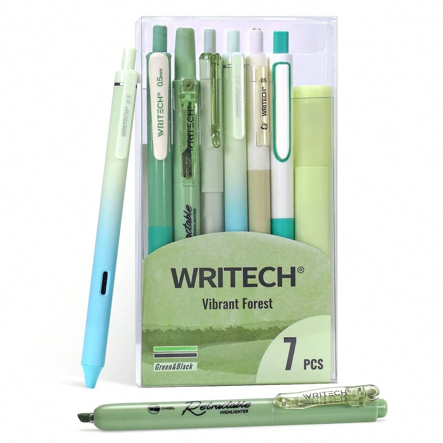 WRITECH Gel Pens Journaling Highlighters: Journal Set Aesthetic Assorted Pastel Color Ink 0.5mm Fine Point Retractable 0.7mm Black Pen Smooth Writing Drawing No Bleed 7ct - Green - View 1