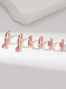 Hihho 6pcs/Set Elegant Magenta Shiny Zirconia Embedded Geometric Hoop Earrings, Charming Jewelry Set, Great Gift For Date - Yellow Gold - View 5