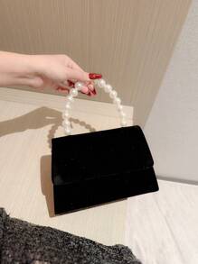 Moonlit Eve 包 1 件优雅仿珍珠天鹅绒晚宴手拿包，带链带，适合舞会、派对、礼服、婚礼，与新年服装完美搭配，与女士派对礼服完美搭配 - 黑色 - 查看 4