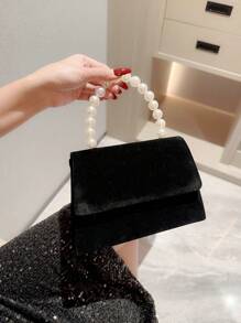 Moonlit Eve 包 1 件优雅仿珍珠天鹅绒晚宴手拿包，带链带，适合舞会、派对、礼服、婚礼，与新年服装完美搭配，与女士派对礼服完美搭配 - 黑色 - 查看 2