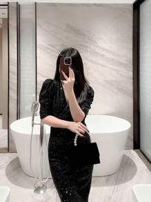 Moonlit Eve 包 1 件优雅仿珍珠天鹅绒晚宴手拿包，带链带，适合舞会、派对、礼服、婚礼，与新年服装完美搭配，与女士派对礼服完美搭配 - 黑色 - 查看 10