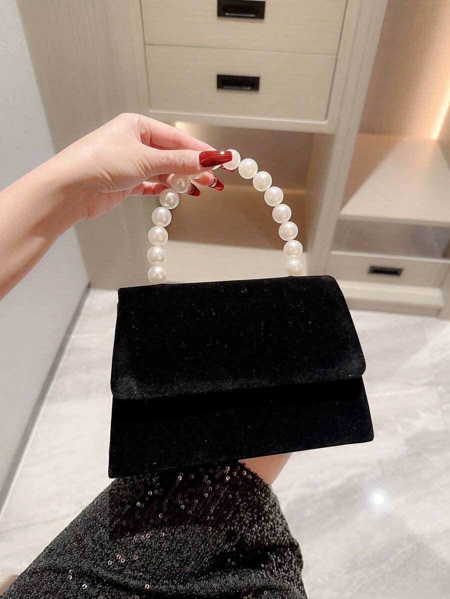 Moonlit Eve 包 1 件优雅仿珍珠天鹅绒晚宴手拿包，带链带，适合舞会、派对、礼服、婚礼，与新年服装完美搭配，与女士派对礼服完美搭配 - 黑色 - 查看 1