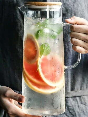 1只大容量耐熱玻璃水壺,配竹蓋,適用於冷熱水壺