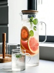 1只大容量耐熱玻璃水壺,配竹蓋,適用於冷熱水壺