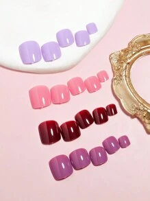 VV MEI JIA ER 96入組（粉色/櫻桃紅/淺紫色/深紫色）短方形按壓式腳趾甲，全覆蓋設計，包括4片有光澤的假腳趾，適用於女性和女孩的夏季美甲套裝，並配有可重復使用的儲物盒 - 彩色 - 查看 3