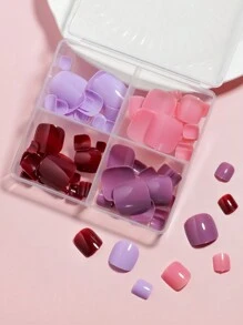 VV MEI JIA ER 96入組（粉色/櫻桃紅/淺紫色/深紫色）短方形按壓式腳趾甲，全覆蓋設計，包括4片有光澤的假腳趾，適用於女性和女孩的夏季美甲套裝，並配有可重復使用的儲物盒 - 彩色 - 查看 5