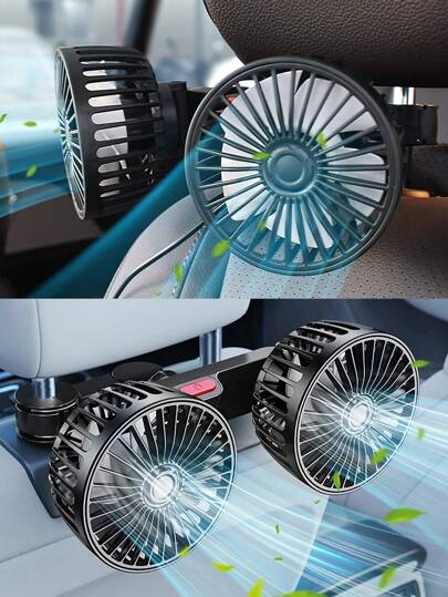 1入組汽車風扇,雙頭後座風扇,風力強勁,三檔風速,5片白色風扇葉片,360度調節角度,高風量,低噪音,有效促進空氣循環,通風,降溫,自駕旅行必備,易於安裝,可折疊並隱藏在靠背下,使用usb供電,3檔固定夾座適用於小型汽車、suv、皮卡等大多數車型。
