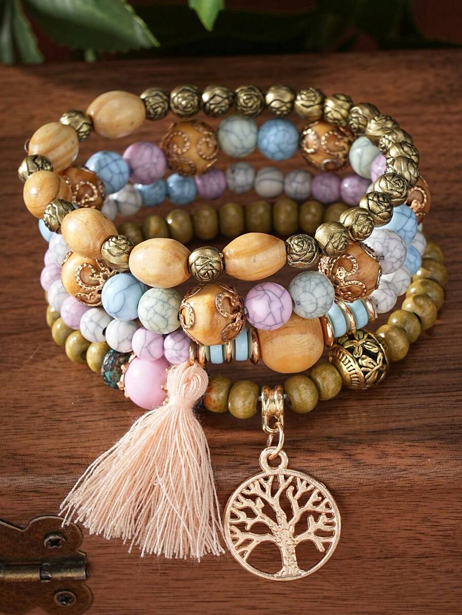 Bộ 4 chiếc/Bộ tua rua phong cách Boho & Mặt dây chuyền cây sự sống Vòng tay hạt gỗ nhiều lớp - màu hỗn hợp nhẹ - Xem 1