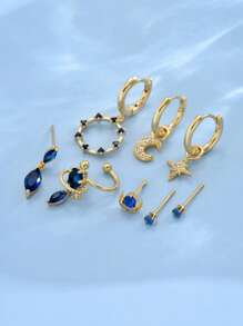 1 Set Of 8pcs Blue Gemstone Stud Earrings Set In Simple Star And Moon Design, Suitable For Women'S Wear On Dates, Parties, Daily Commuting Etc.