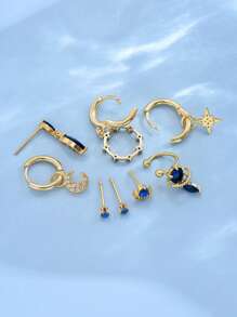 1 Set Of 8pcs Blue Gemstone Stud Earrings Set In Simple Star And Moon Design, Suitable For Women'S Wear On Dates, Parties, Daily Commuting Etc.