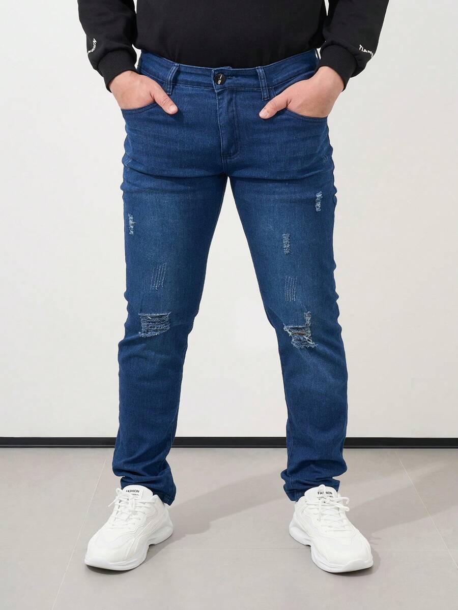 Vaqueros pitillo deshilachados azules rasgados para hombre con bolsillos - Azul - Ver 1