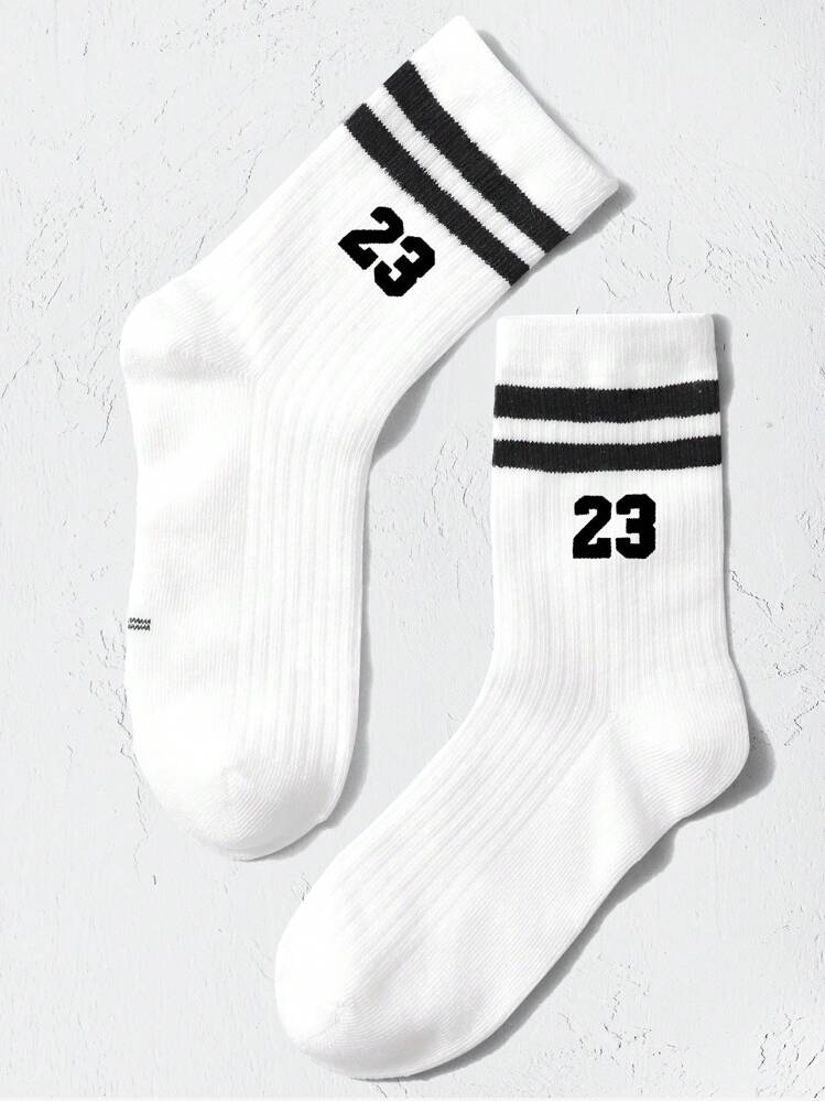 兒童條紋圖案和數字圖案中筒襪 - 黑與白 - 查看 1