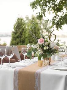 1pc Wedding Table Center Decoration Yellow Hessian Lace Table Runner, Rustic Burlap & Lace Party Table Decor,Christmas - Khaki - View 1