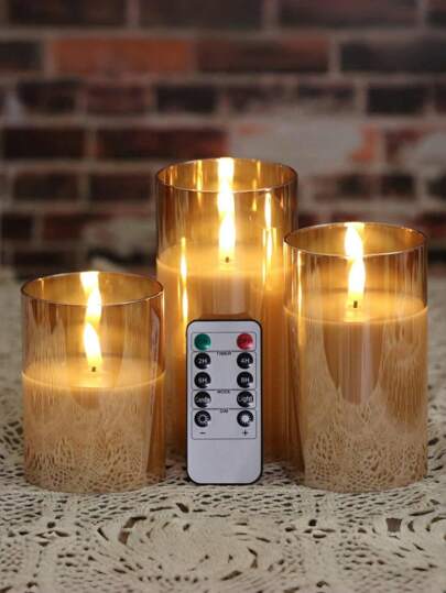 Velas douradas sem chama, 1/3 peças, com temporizador/controle remoto, luzes de vela piscantes, alimentadas por bateria, velas LED realistas operadas por bateria, decoração de vela de cera com chama 3D, sem perfume, velas de pilar para Halloween, Dia dos Namorados, Natal, casamento, festa, decoração de casa e outros feriados