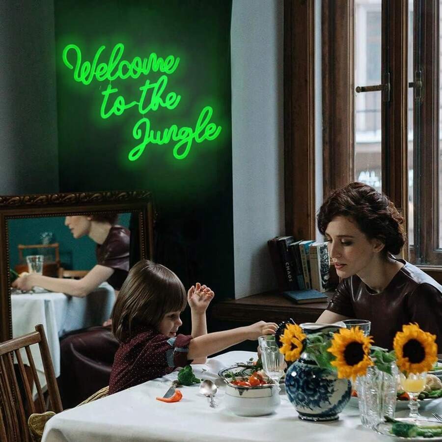 1入組“welcome To The Jungle”綠色字母led霓虹燈,usb供電,適用於臥室牆壁,房間裝飾,派對,婚禮,訂婚和掛牆燈 - 綠色 - 查看 1
