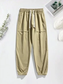 Men's Casual Stylish Big Pocket Drawstring Sports Outdoor Sweatpants - Khaki - View 1