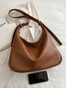 純色休閒pu皮手提袋,大容量攜帶式肩袋,簡約設計購物手提包斜挎包 - 棕色 - 查看 6