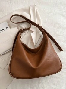 純色休閒pu皮手提袋,大容量攜帶式肩袋,簡約設計購物手提包斜挎包 - 棕色 - 查看 5