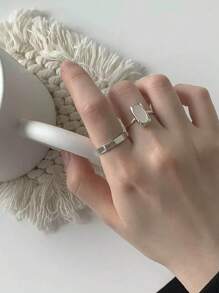 BALMORA 1 Stück Sterling S925 Silber Einfacher Eleganter Modischer Geometrischer Ring Mit Weißer Muschel Quadratisch, Offener Verstellbarer Finger Ring Für Frauen Mädchen, Retro Party Dating Geschenk, Täglicher Gebrauch Geburtstagsgeschenk