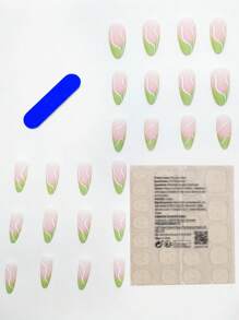 Upgrade Your Look With 24pcs Long Almond Green French Striped Matte Fake Nail & 1sheet Tape & 1pc Nail File Press On Nails Nail Supplies - Multicolor - View 2