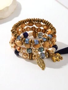 4入組波西米亞風格木珠和壓克力珠混搭吊墜彈性手鍊,帶華麗大象、葉子和流蘇,適用於女性 - 彩色 - 查看 13