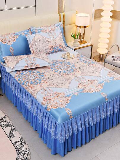 1 件大号凉感真丝床裙，印花图案，韩式双层荷叶边设计，适用于单人/双人床，居家卧室，户外旅行