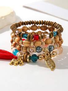 4入組波西米亞風格木珠和壓克力珠混搭吊墜彈性手鍊,帶華麗大象、葉子和流蘇,適用於女性 - 彩色 - 查看 14