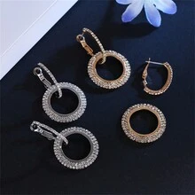 1入幾何圓形全鑲鑽裝飾耳環 - 有創意銜接的雙圈夾耳環,適合女士時尚穿搭 - 金色 - 查看 4