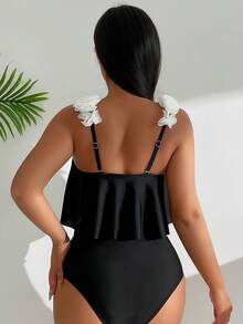 New Arrival Stylish & Sexy Vacation Style Color Block 3d Floral Bikini Set - Black - View 4