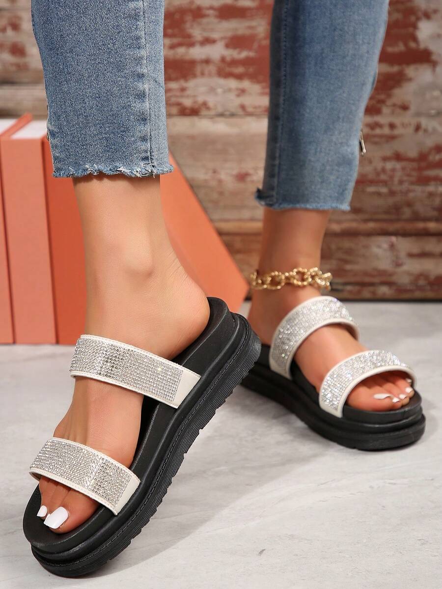 2024 Mùa xuân/Mùa hè Mới Đế dày Cao gót Nàng tiên Phong cách Ngoài trời Thời trang Pha lê Giải trí Dép quai hậu - Màu be - Xem 1