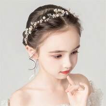 1PC Princess Headpiece White Flower Headband Pearl Hair Dress For Girl And Flower Girls Cute Bridal Wedding Hair Band, Wedding Hair Band Hair Accessories For Girls Teens - White - View 5