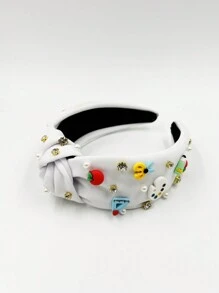 1pc Ladies' Back To School Season Pearl & Rhinestone Decor Fashion Fabric Wide Headband Cute - White - View 7