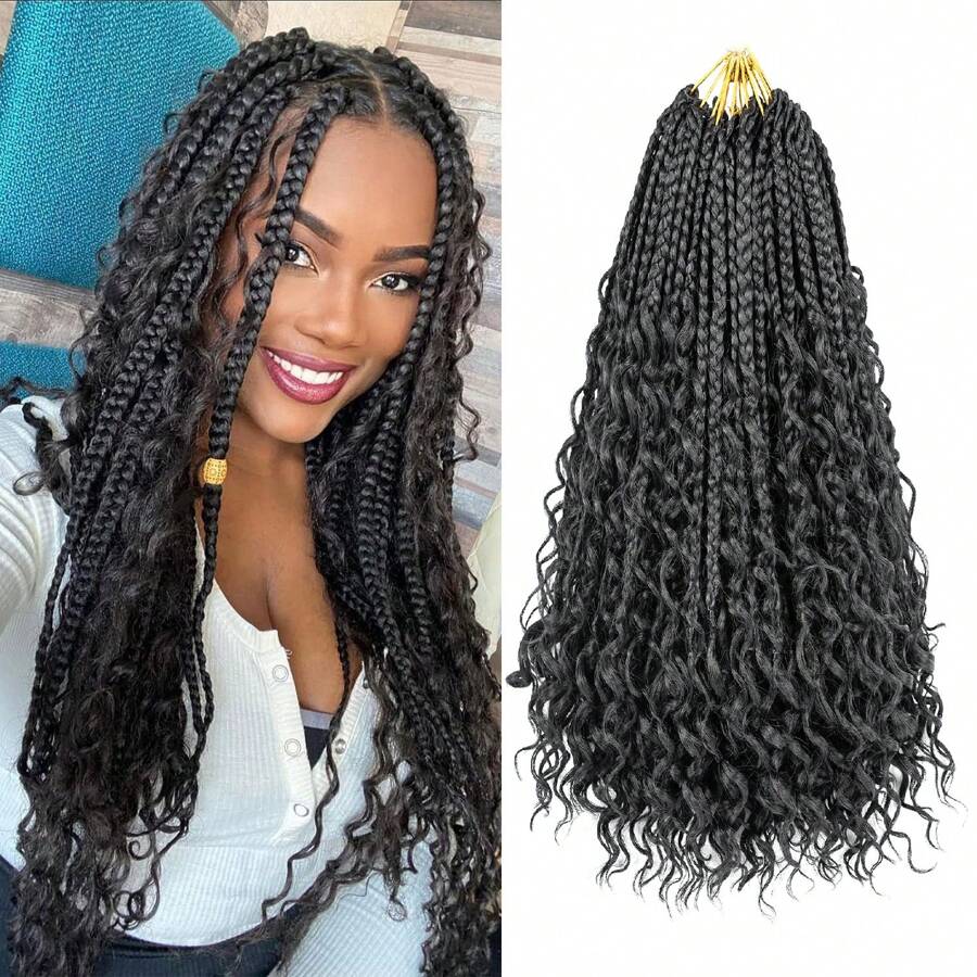 Tóc tết hộp Goddess 24 inch móc cho phụ nữ, 1 gói tóc tết hộp Crochet, tóc tết hộp Boho móc sẵn, tóc tết tổng hợp (1B#)) - màu đen - Xem 1