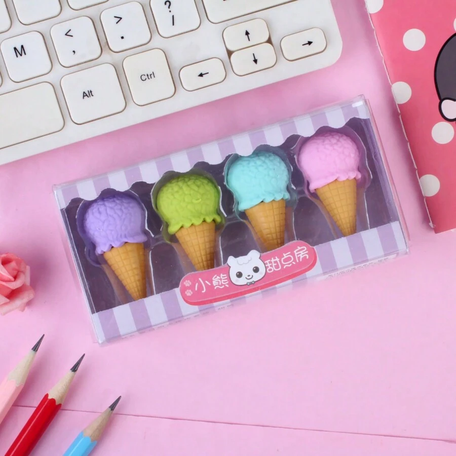 1盒卡通甜點主題橡皮擦套裝,附鉛筆擦,4入組 - 彩色 - 查看 1