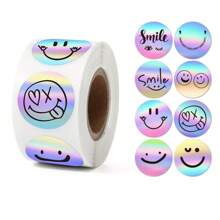 500入組/卷彩虹激光貼紙膠帶,pvc黏合材料圓形密封貼紙,微笑臉設計適用於裝飾水瓶、手機殼、電腦、滑板、筆記本和其他光滑表面展現個性 - 彩色 - 查看 9