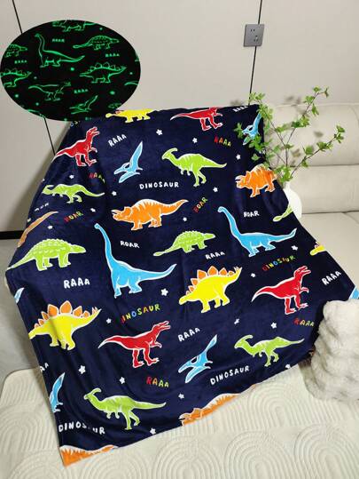 1pc Lovely <Luminous Blanket, Flannel> Blue Dinosaur Blanket, Soft And Cute, Great Gift For Girls And Boys