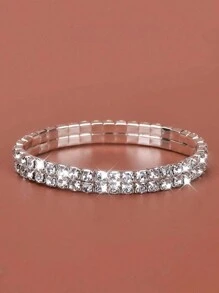 1pc 2-Row Shiny Rhinestone Single-Layer Elastic Bracelet For Party Gathering - Two Rows + Silver + White Diamond - View 1