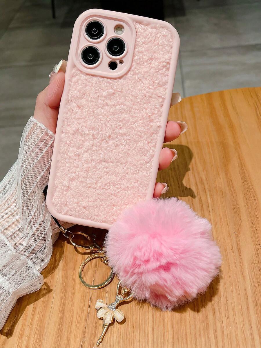 軟粉色軟綿毛iphone 11/12/13/14/15 Pro Max全身手機殼,配有可愛的捲曲吊墜,日韓風格 - 粉色 - 查看 1