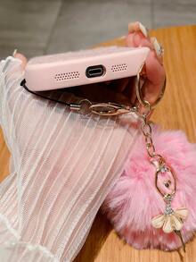 軟粉色軟綿毛iphone 11/12/13/14/15 Pro Max全身手機殼,配有可愛的捲曲吊墜,日韓風格 - 粉色 - 查看 4