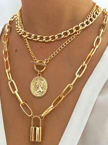 3 Piezas/conjunto Collar De Cadena Gruesa De Capas Múltiples Con Colgantes De Candado Y Moneda Para Mujeres