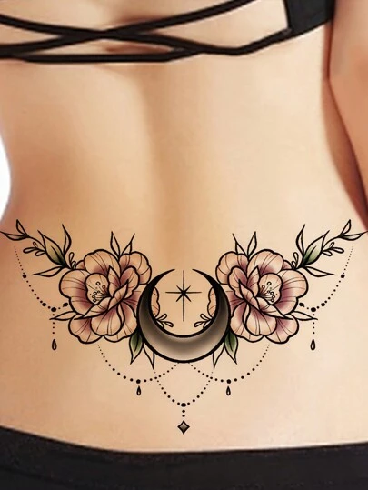 1張胸下大腿帶身體藝術暫時性紋身貼紙,多彩奇幻風格珠寶花樣蕾絲月亮花朵葉子圖案,防水假紋身,可持續2-5天,遮蓋疤痕,可用於手臂、手腕、肩膀、腿部、腰部、頸部、手、胸部、大腿