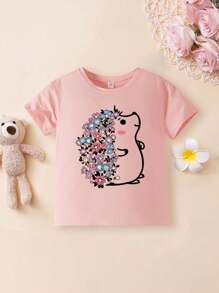 Young Girl Lovely Hedgehog Printed Casual Round Neck Tee With Short Sleeves For Summer