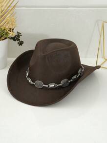 1pc Unisex PU Leather Western Cowboy Hat, Matched With Unique 3D Metal Buckle Hatband Belt Chain, Retro Steampunk Accessory, Gift For Men, Suitable For Party, Western-Themed Activities, Gatherings, Cosplay, Graduation Ceremonies, Costume Parties, Festivals, And Music Festivals Halloween