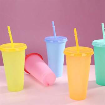 HILAKE 1pc/5pcs 24 Oz Color Changing Plastic Cups With Lids And Straws, Perfect For Coffee, Tea, Smoothies, And More, Reusable Tumblers Ideal For Parties, Adults, WoMen's Water Bottle For Outdoor For Sport