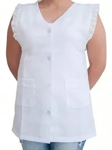 Jaleco Avental Cavado Sem Manga Cinturado Com Bordado Inglês Renda Lese Branco - Branco - Visão 1