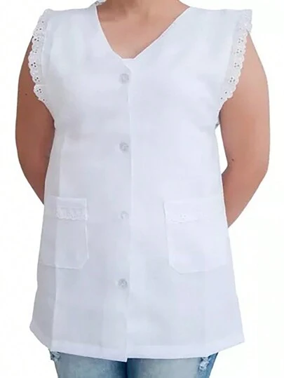 Jaleco Avental Cavado Sem Manga Cinturado Com Bordado Inglês Renda Lese Branco