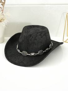 1pc Unisex PU Leather Western Cowboy Hat, Matched With Unique 3D Metal Buckle Hatband Belt Chain, Retro Steampunk Accessory, Gift For Men, Suitable For Party, Western-Themed Activities, Gatherings, Cosplay, Graduation Ceremonies, Costume Parties, Festivals, And Music Festivals Halloween
